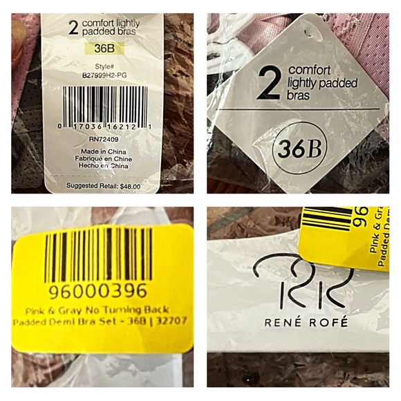 BNWT: *2* 36B RENÉ ROFÉ LINGERIE Pink & Gray Underwire Padded Demi Bras - Picture 9 of 11